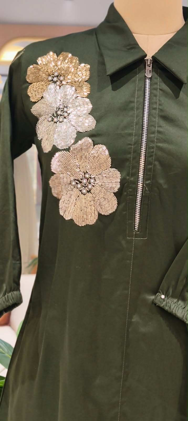 Dark Brown & Green Collared Long Tunic Dress with Metallic Sequined Floral Appliqué and Front Zipper- 16113