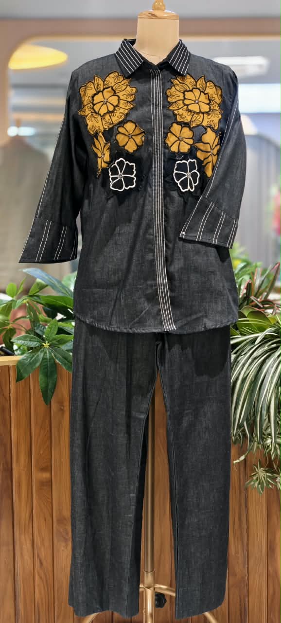 Denim Two-Piece Co-ord Set with Oversized Mustard Yellow and Black Floral Embellishments- 16111