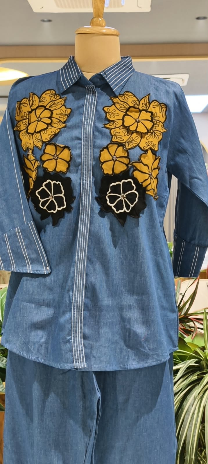 Denim Two-Piece Co-ord Set with Oversized Mustard Yellow and Black Floral Embellishments- 16111