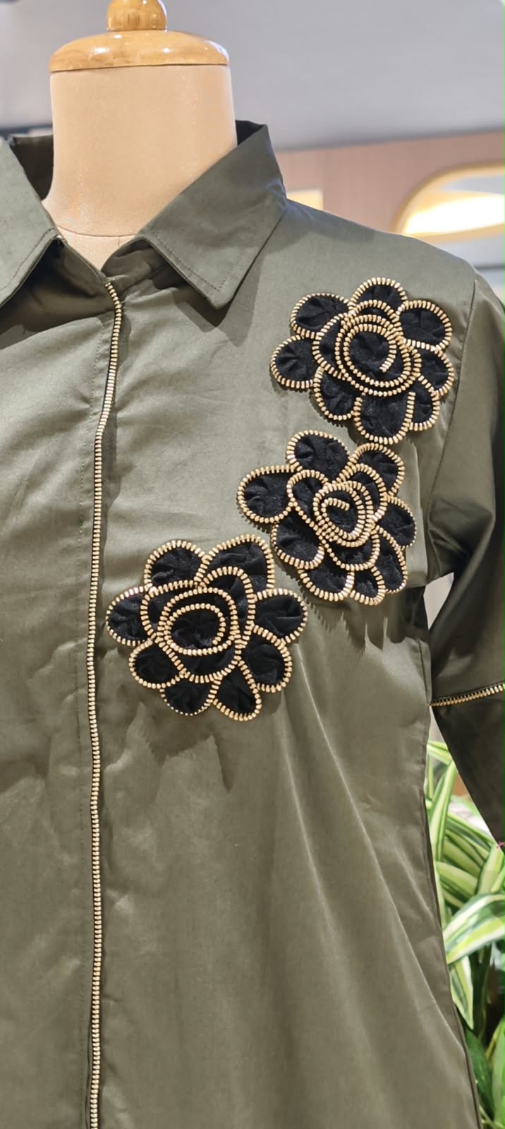 Collared Shirt and Trouser Co-ord Set with Unique Coil-Zipper Floral Embroidery Details- 16110