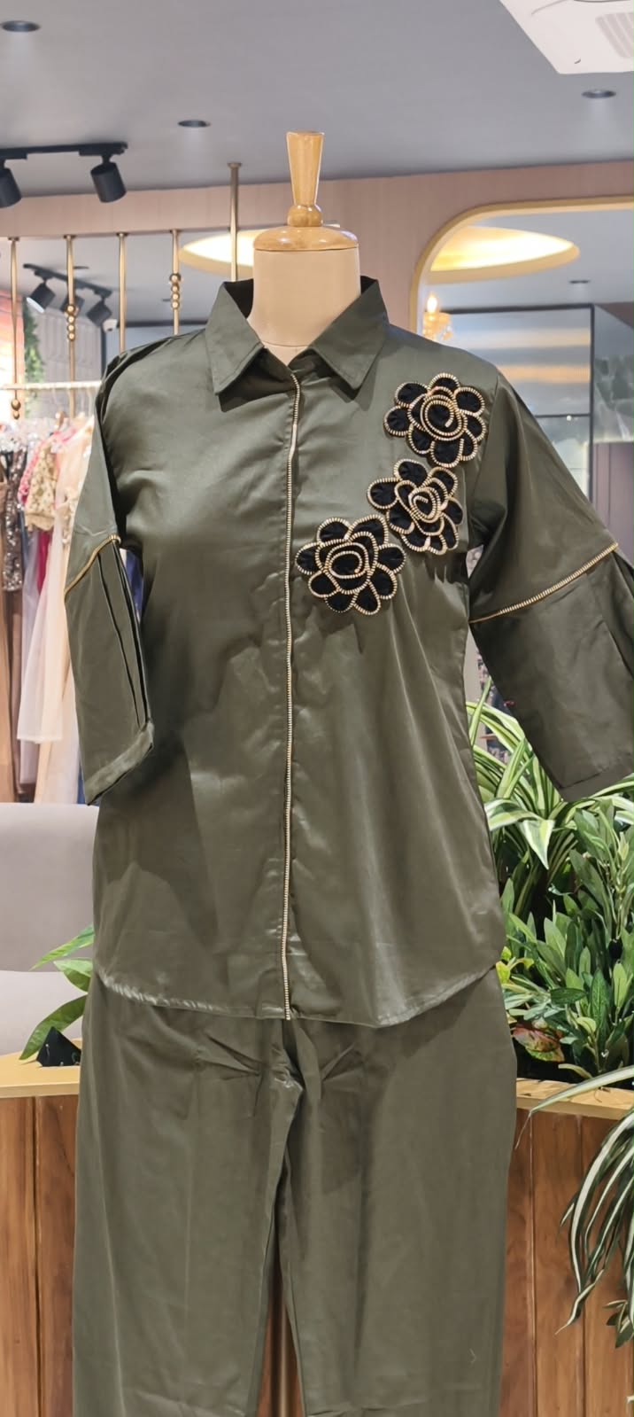 Collared Shirt and Trouser Co-ord Set with Unique Coil-Zipper Floral Embroidery Details- 16110