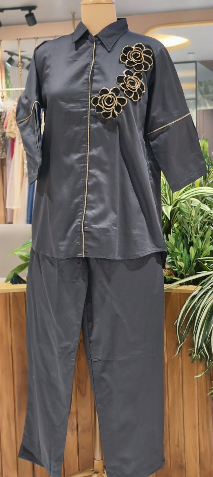 Collared Shirt and Trouser Co-ord Set with Unique Coil-Zipper Floral Embroidery Details- 16110
