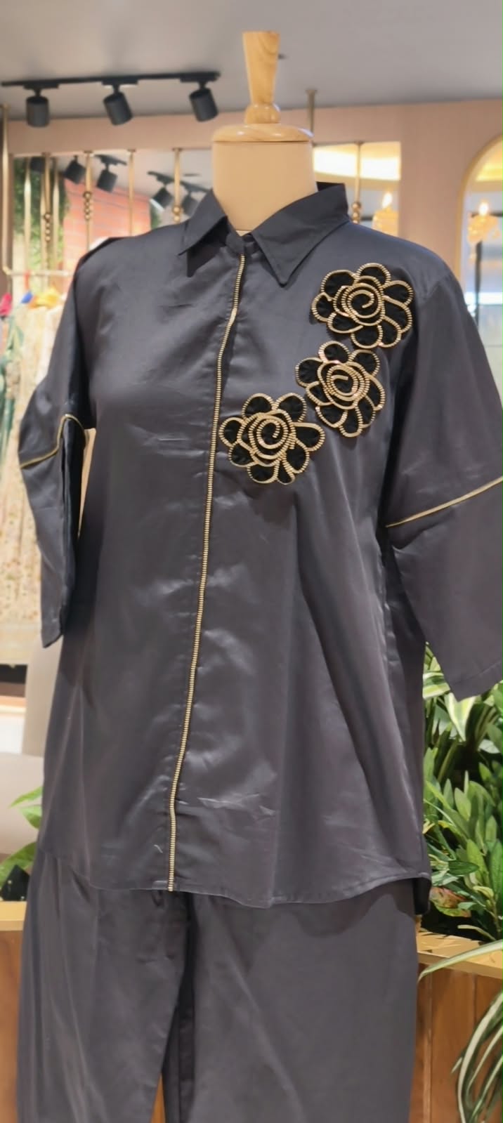 Collared Shirt and Trouser Co-ord Set with Unique Coil-Zipper Floral Embroidery Details- 16110