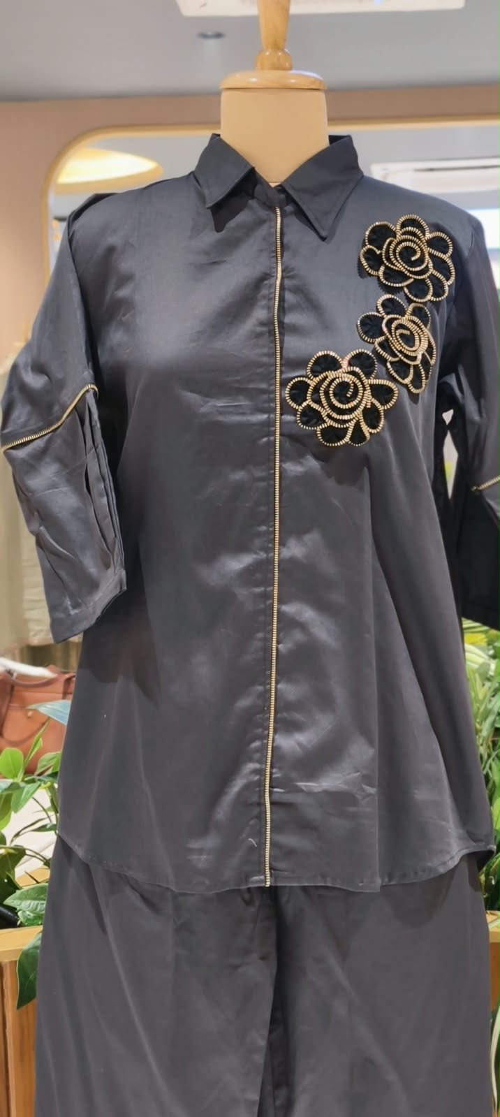 Collared Shirt and Trouser Co-ord Set with Unique Coil-Zipper Floral Embroidery Details- 16110