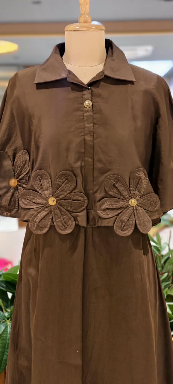 Glaze Cotton Western Style Stylish Floral Cut-Work Stunning Buttoned Accent Frock-15842