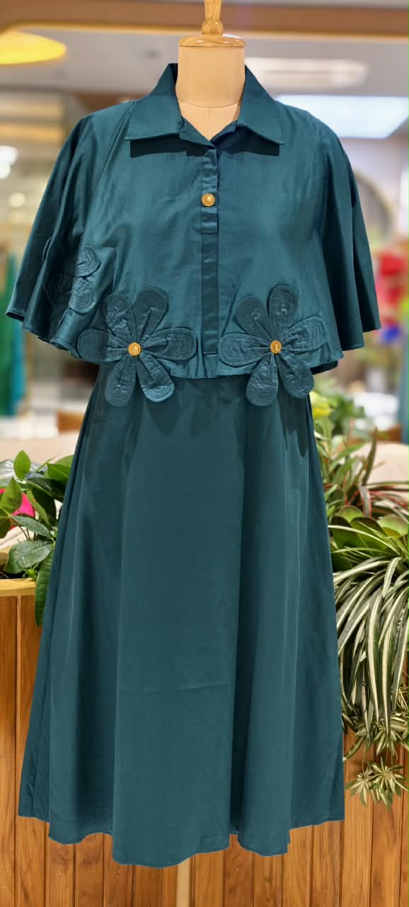 Glaze Cotton Western Style Stylish Floral Cut-Work Stunning Buttoned Accent Frock-15842