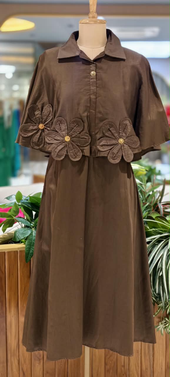 Glaze Cotton Western Style Stylish Floral Cut-Work Stunning Buttoned Accent Frock-15842