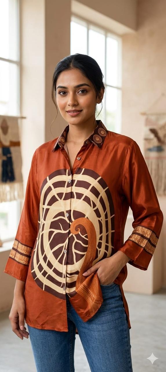 Artisnal Figure & Floral Prints Flowy Crepe Casual Shirts- 15789
