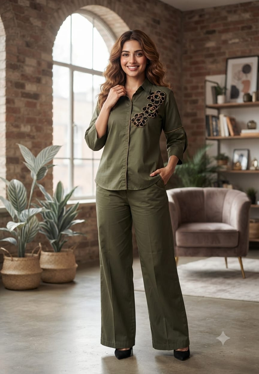 Collared Shirt and Trouser Co-ord Set with Unique Coil-Zipper Floral Embroidery Details- 16110