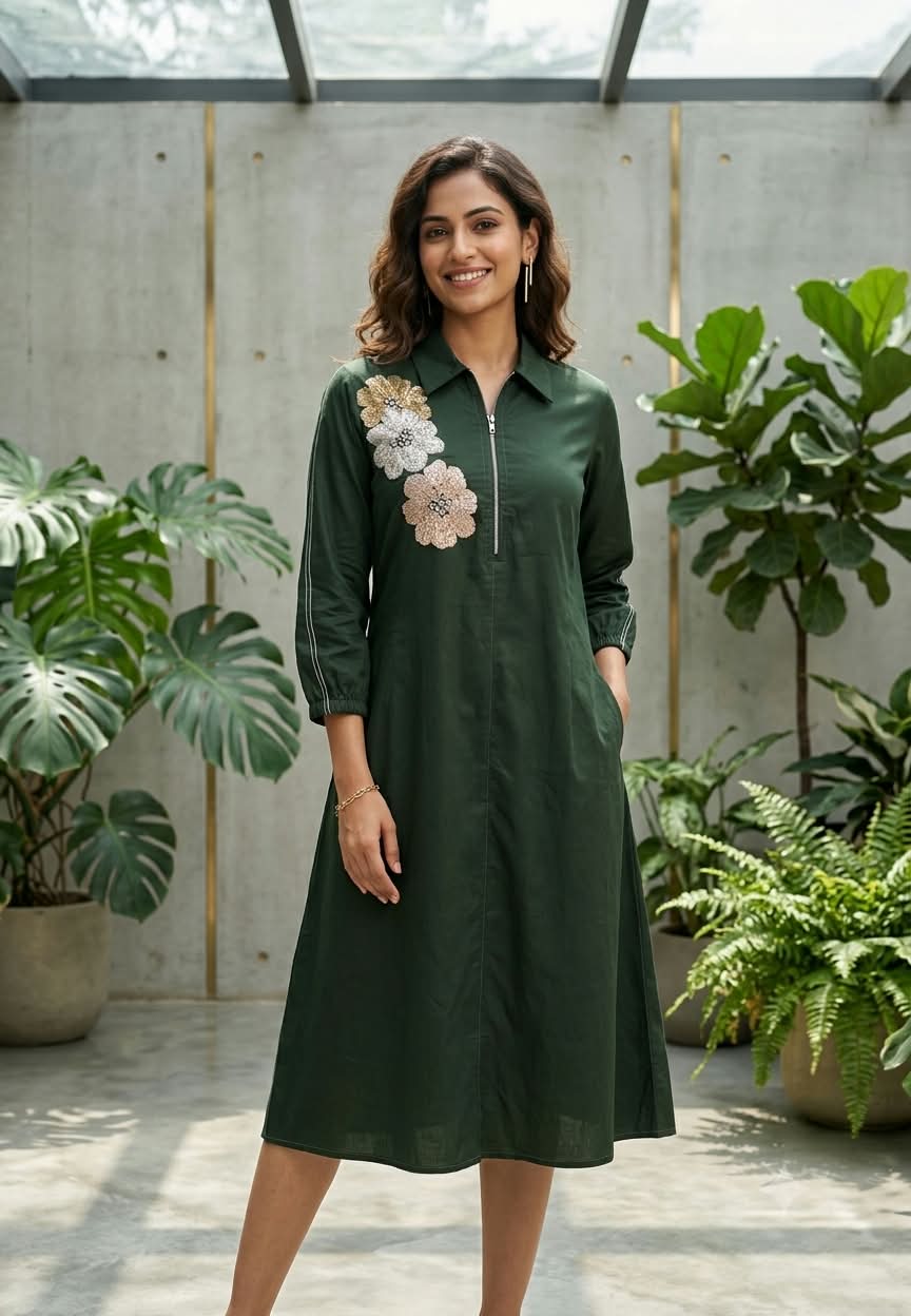 Dark Brown & Green Collared Long Tunic Dress with Metallic Sequined Floral Appliqué and Front Zipper- 16113