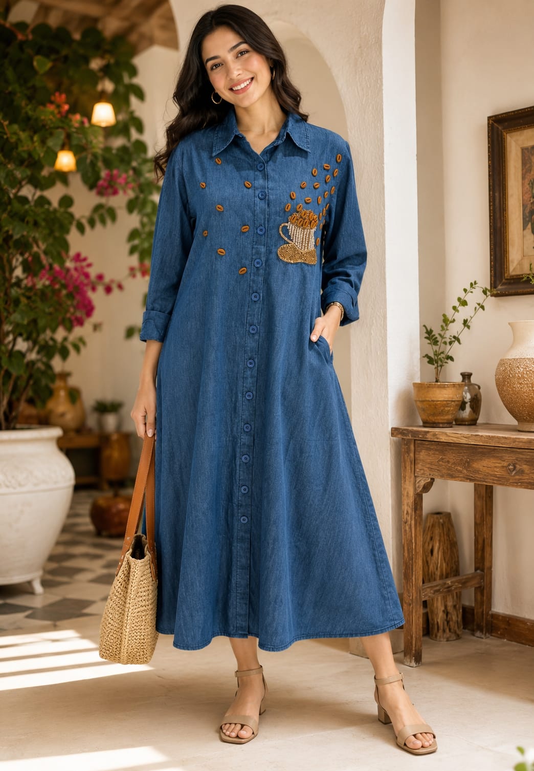 Coffee Bean Shiny Embellishment Work Cute Mofits Denim Ankle Length Frock- 16022