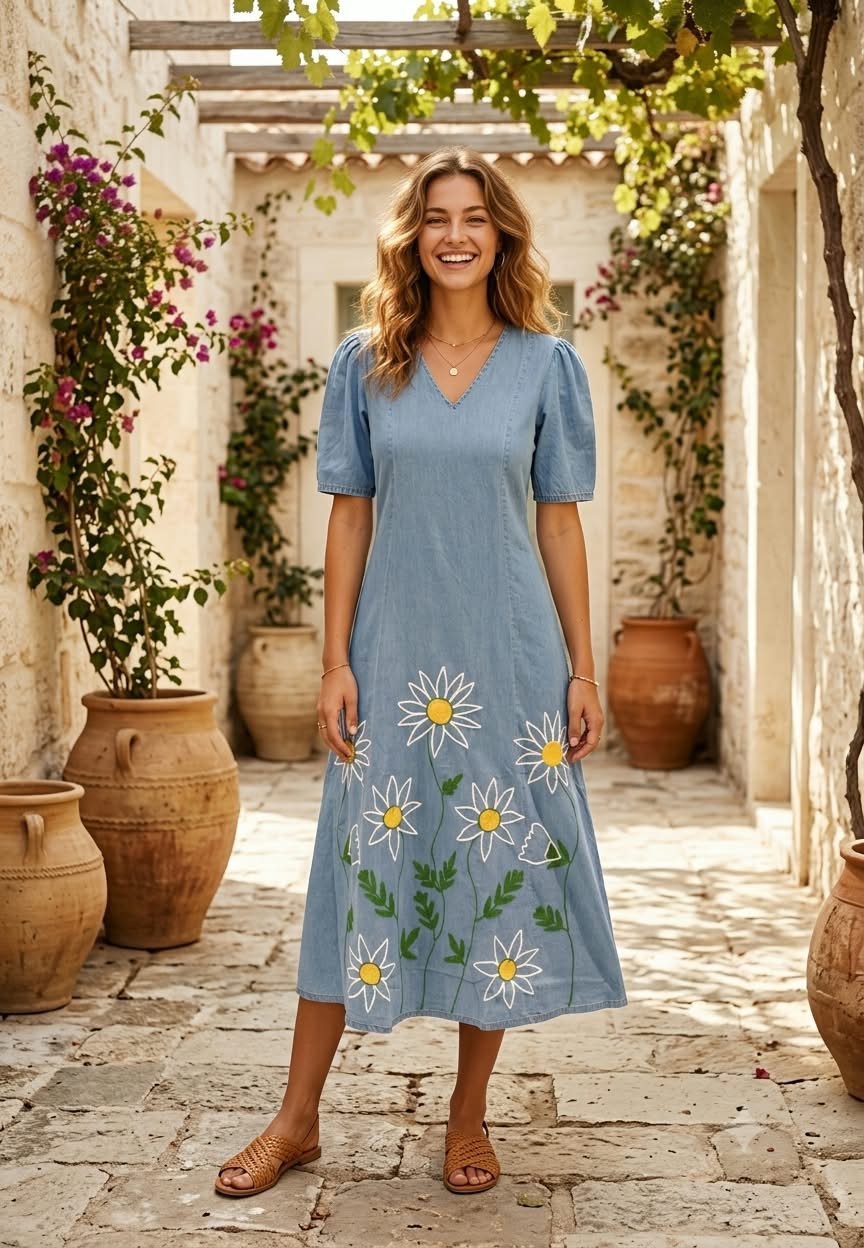 Giant Graceful Mustard Floral Embroidered Denim Frock With Puff Sleeve- 16021