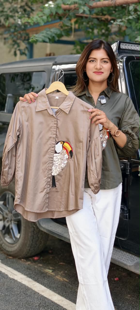Collared Button-Down Shirt featuring Sequined Toucan Bird Motif Patch & Gathered Balloon Sleeves- 16115