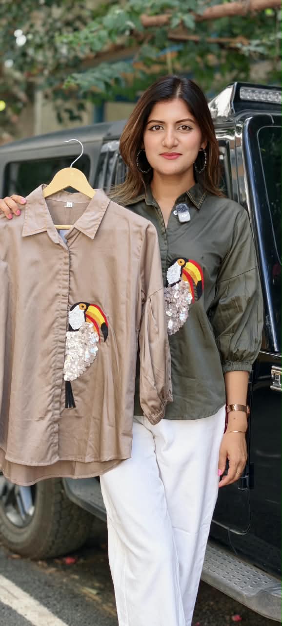 Collared Button-Down Shirt featuring Sequined Toucan Bird Motif Patch & Gathered Balloon Sleeves- 16115