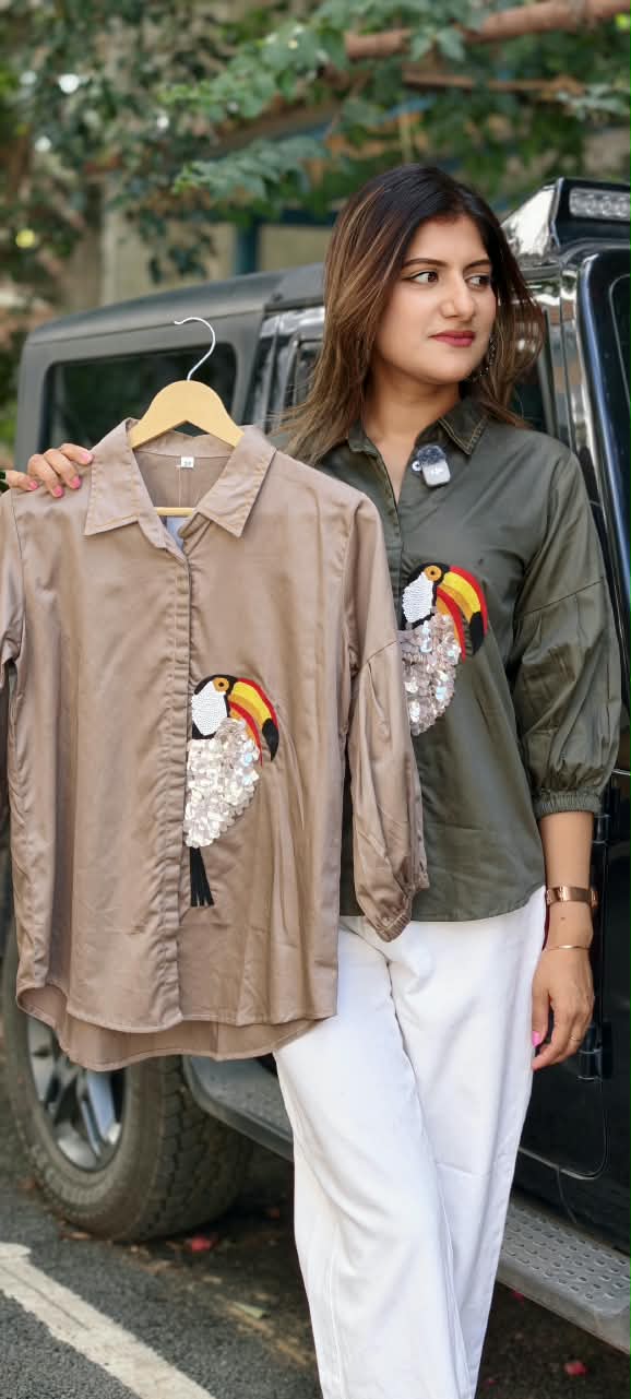 Collared Button-Down Shirt featuring Sequined Toucan Bird Motif Patch & Gathered Balloon Sleeves- 16115