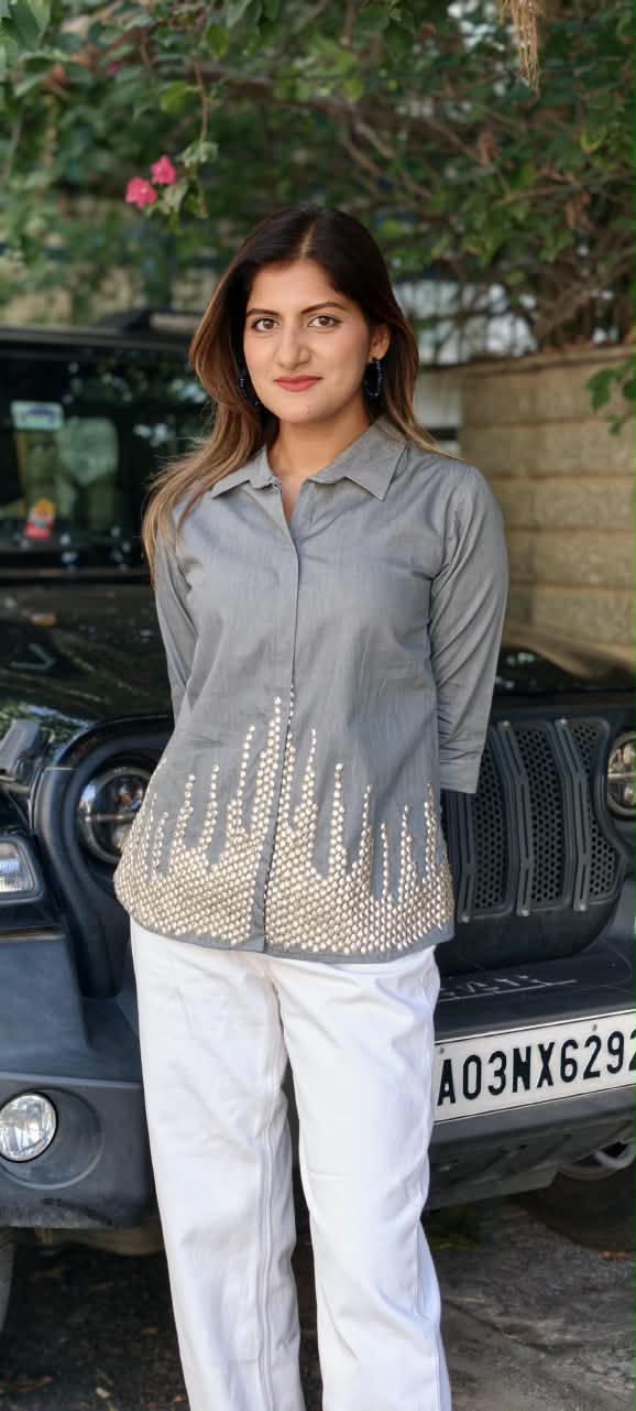 Green Grey Collared High-Low Tunic Top with Metallic Gold Bead & Stud Embellished Hem- 16114