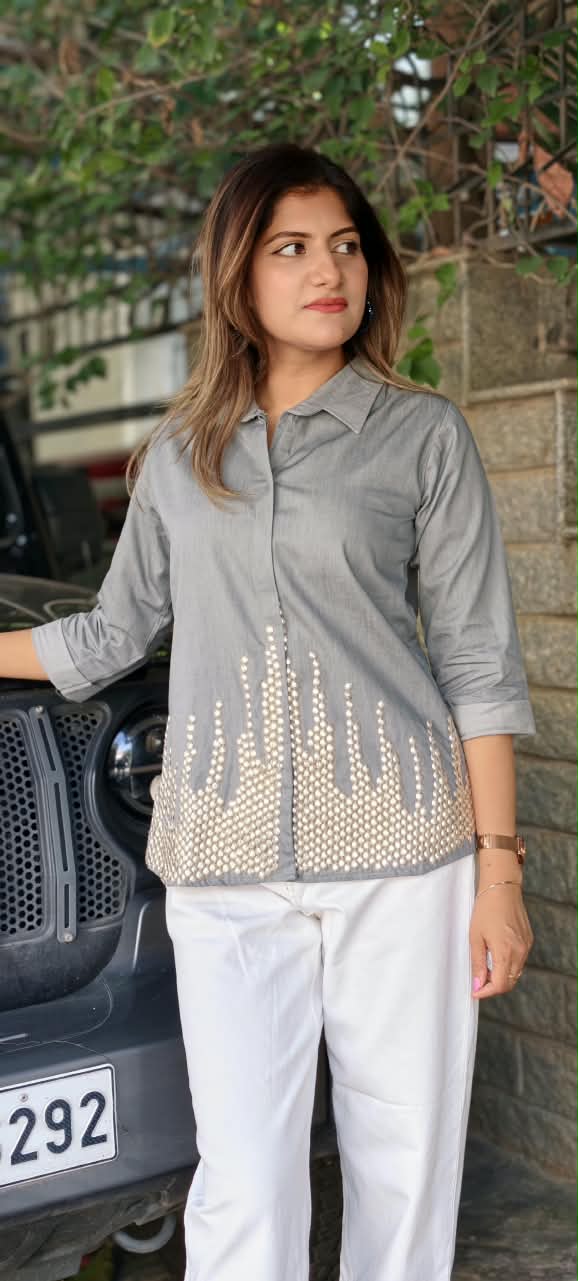 Green Grey Collared High-Low Tunic Top with Metallic Gold Bead & Stud Embellished Hem- 16114
