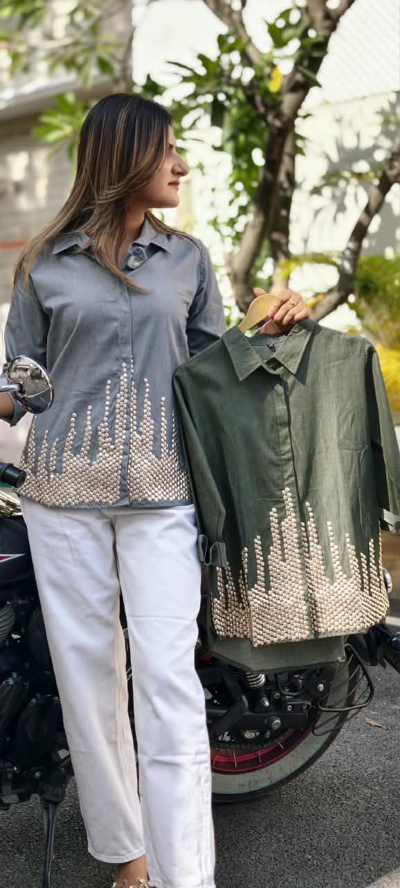 Green Grey Collared High-Low Tunic Top with Metallic Gold Bead & Stud Embellished Hem- 16114