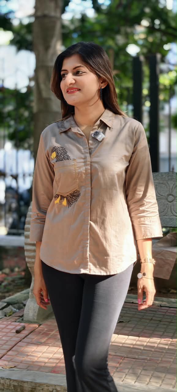Taupe Mocha Brown Collared Button-Down Tunic Shirt with Embroidered Eagle Chest Pocket Detail- 16119