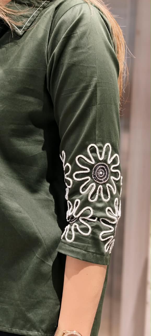 Dark Green Collared High-Low Tunic Shirt with White Contrast Stitching & Floral Sunburst Sleeve Embroidery- 16117