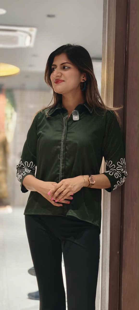Dark Green Collared High-Low Tunic Shirt with White Contrast Stitching & Floral Sunburst Sleeve Embroidery- 16117