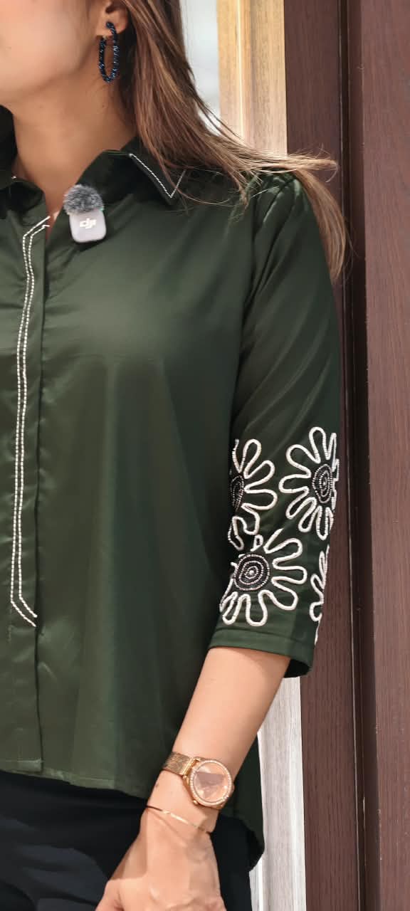 Dark Green Collared High-Low Tunic Shirt with White Contrast Stitching & Floral Sunburst Sleeve Embroidery- 16117