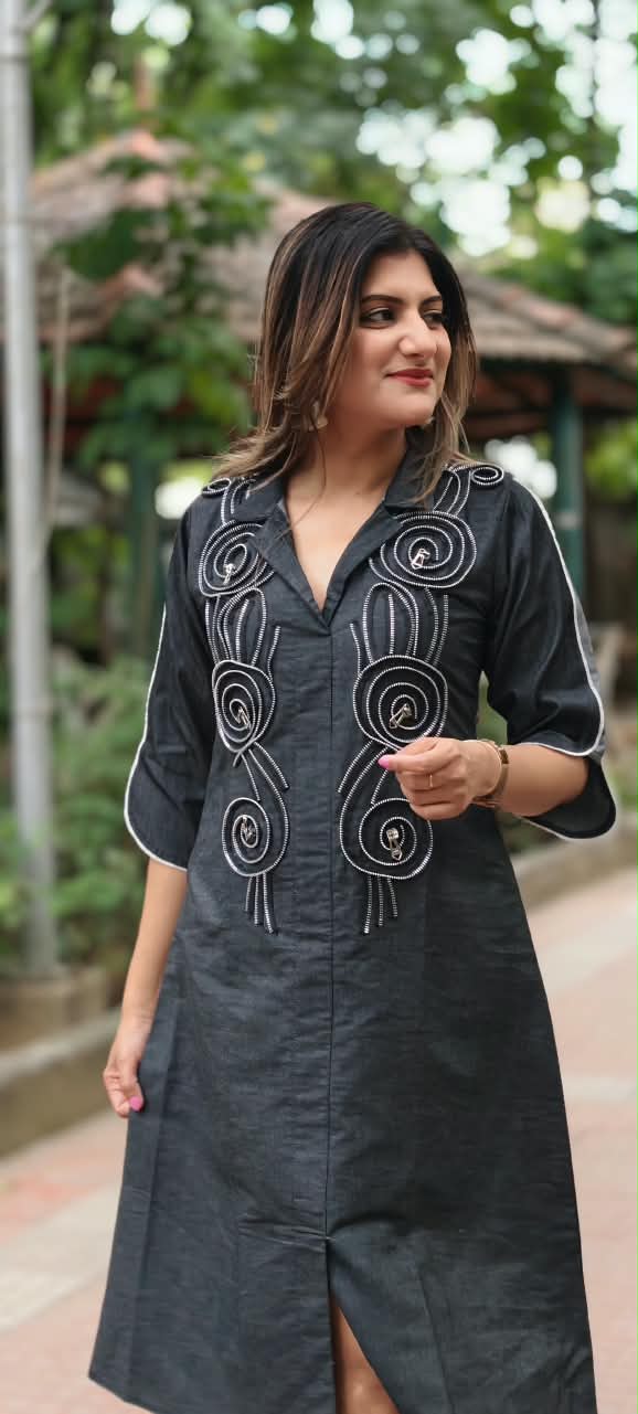 Dark Shade Longline Denim Shirt Dress with Statement Spiral Zipper Embellishments and Metallic Accents- 16112