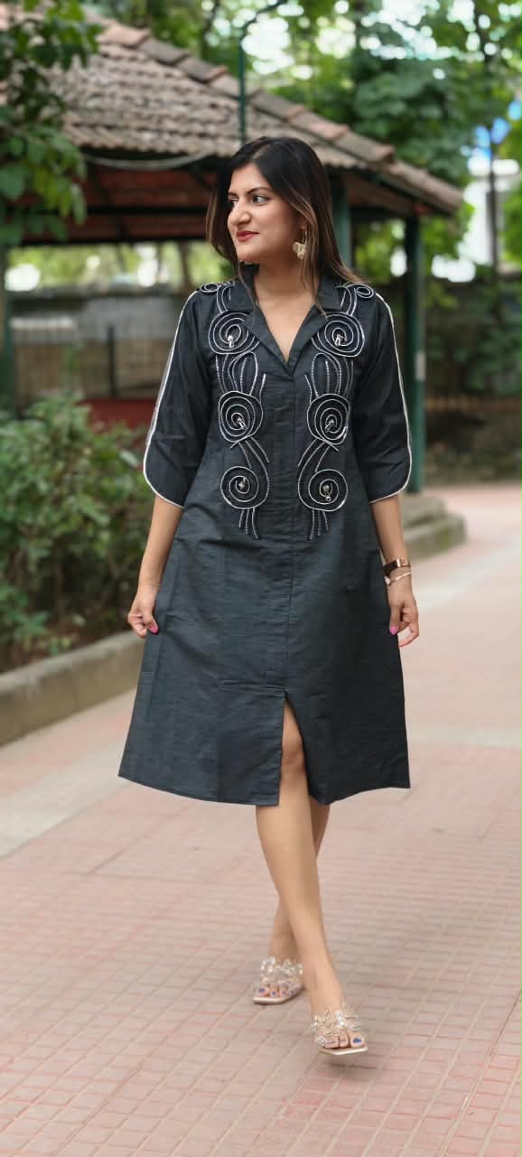 Dark Shade Longline Denim Shirt Dress with Statement Spiral Zipper Embellishments and Metallic Accents- 16112
