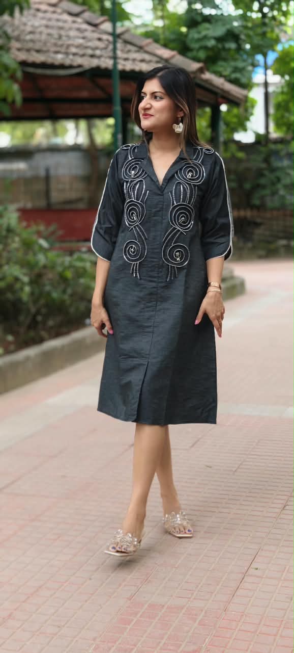 Dark Shade Longline Denim Shirt Dress with Statement Spiral Zipper Embellishments and Metallic Accents- 16112