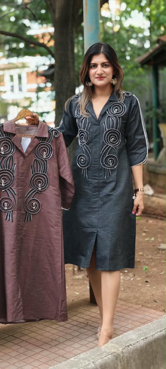 Dark Shade Longline Denim Shirt Dress with Statement Spiral Zipper Embellishments and Metallic Accents- 16112