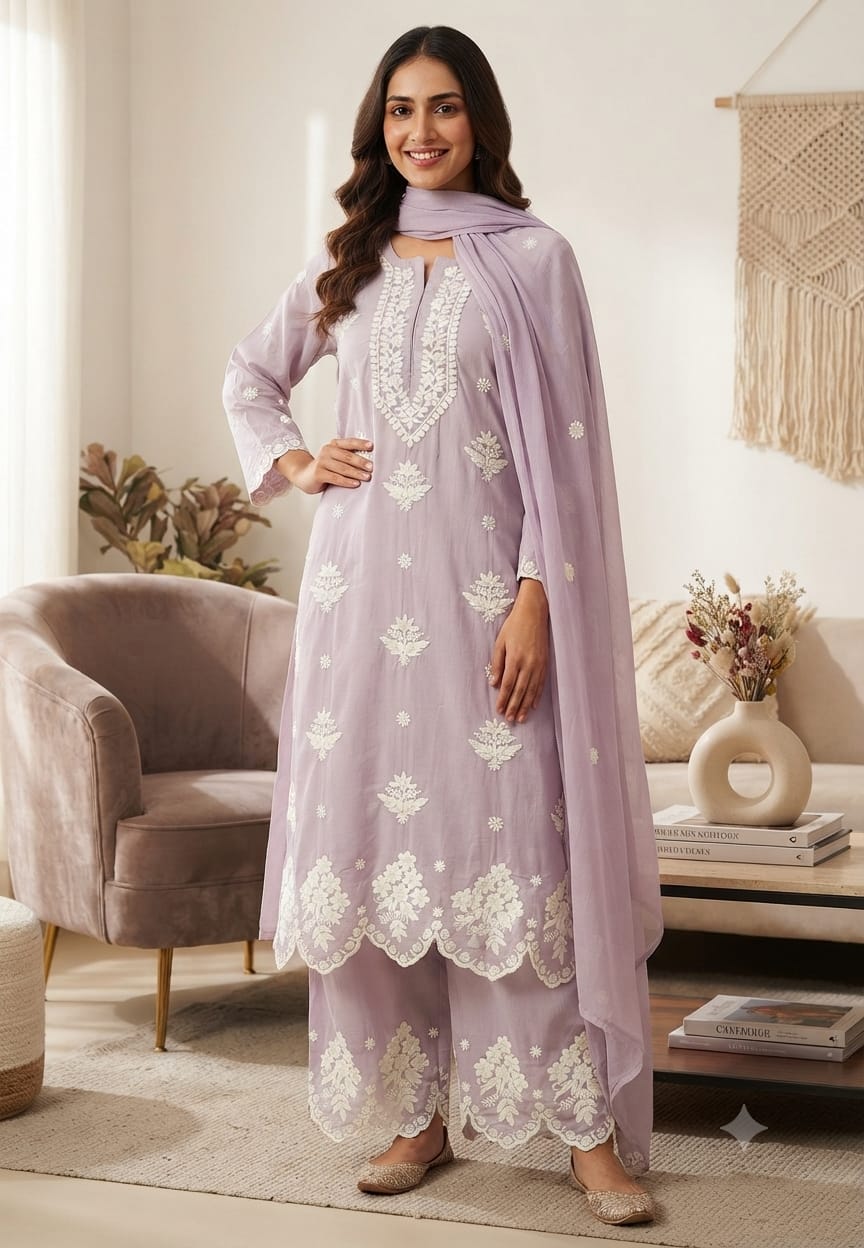 Chikankari Thread Embroidered Pastel Shades Full Suit Set With Dupatta In Muslin Fabric- 16091