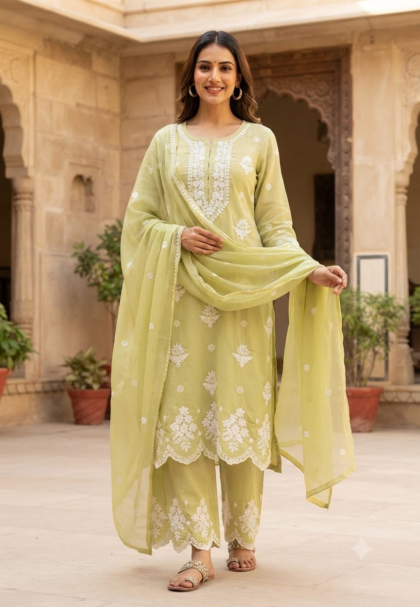 Chikankari Thread Embroidered Pastel Shades Full Suit Set With Dupatta In Muslin Fabric- 16091