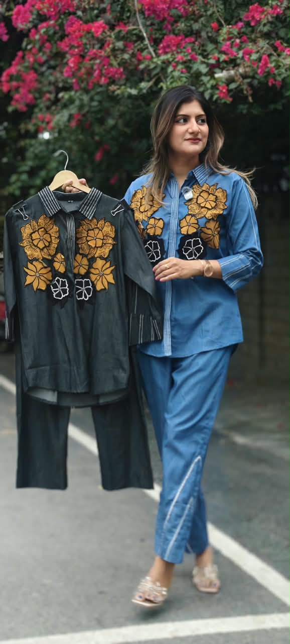 Denim Two-Piece Co-ord Set with Oversized Mustard Yellow and Black Floral Embellishments- 16111