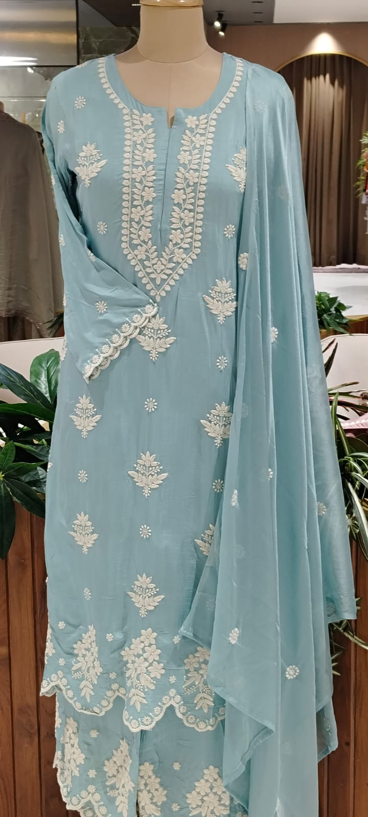 Chikankari Thread Embroidered Pastel Shades Full Suit Set With Dupatta In Muslin Fabric- 16091