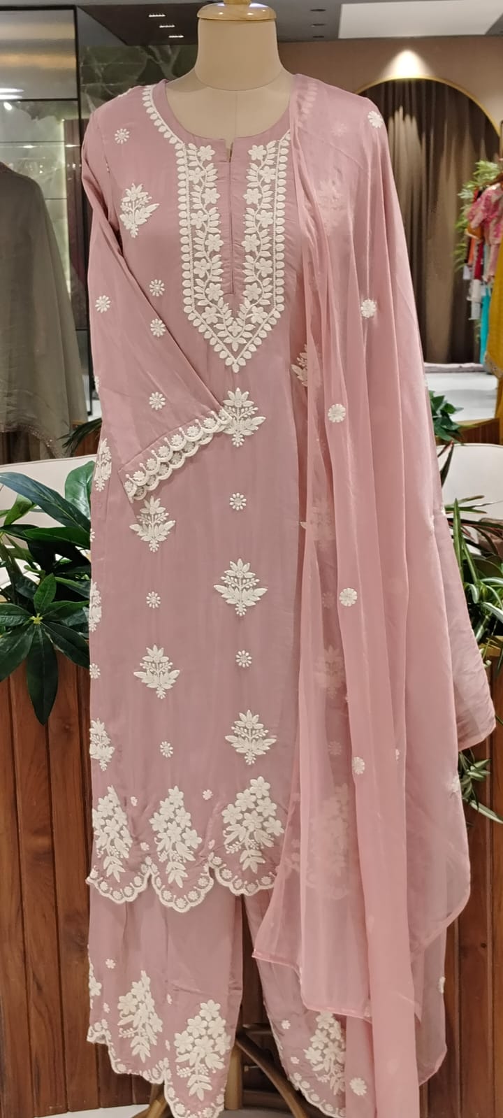 Chikankari Thread Embroidered Pastel Shades Full Suit Set With Dupatta In Muslin Fabric- 16091