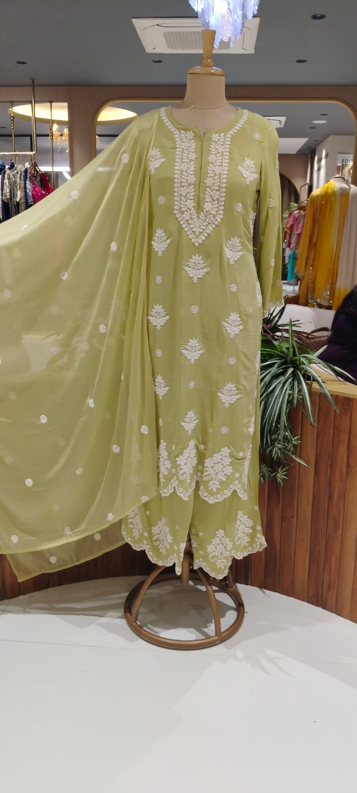 Chikankari Thread Embroidered Pastel Shades Full Suit Set With Dupatta In Muslin Fabric- 16091