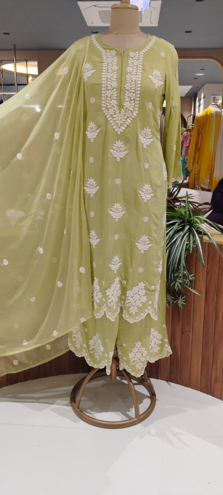 Chikankari Thread Embroidered Pastel Shades Full Suit Set With Dupatta In Muslin Fabric- 16091