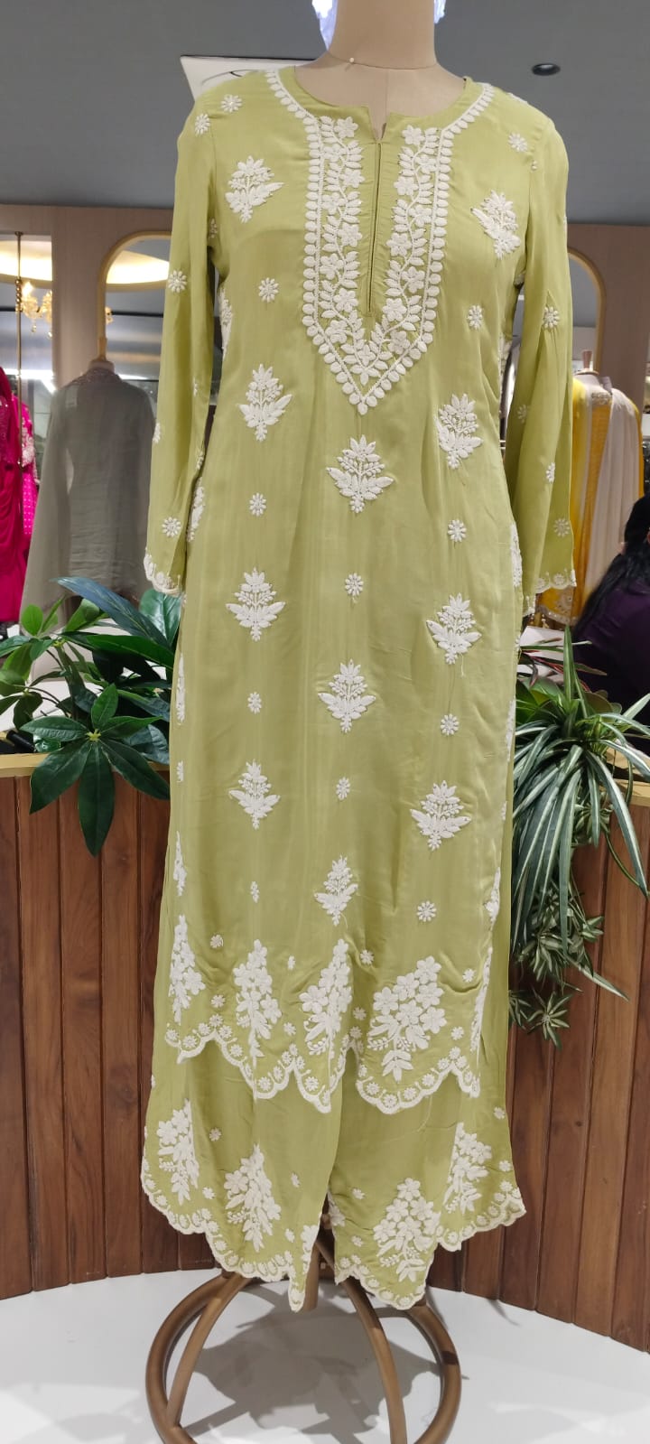 Chikankari Thread Embroidered Pastel Shades Full Suit Set With Dupatta In Muslin Fabric- 16091