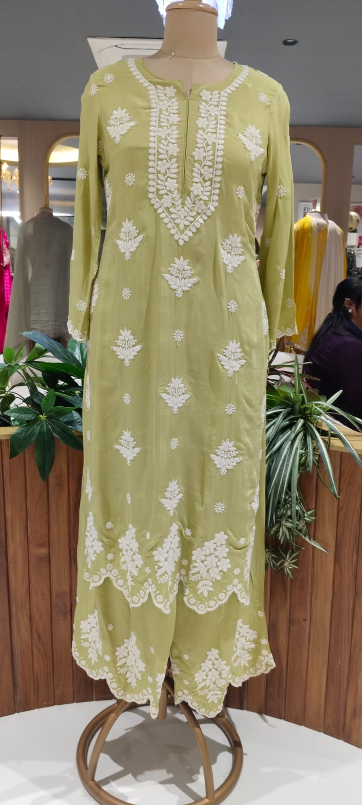 Chikankari Thread Embroidered Pastel Shades Full Suit Set With Dupatta In Muslin Fabric- 16091