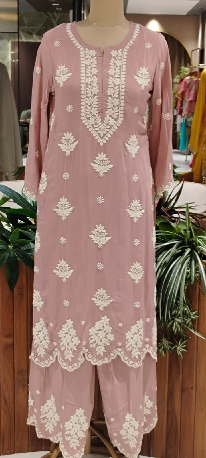 Chikankari Thread Embroidered Pastel Shades Full Suit Set With Dupatta In Muslin Fabric- 16091
