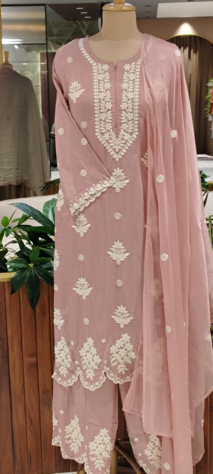 Chikankari Thread Embroidered Pastel Shades Full Suit Set With Dupatta In Muslin Fabric- 16091