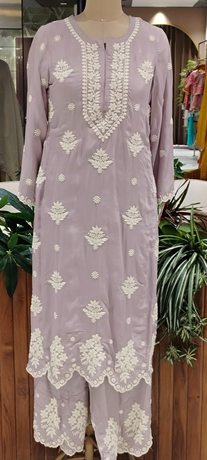 Chikankari Thread Embroidered Pastel Shades Full Suit Set With Dupatta In Muslin Fabric- 16091