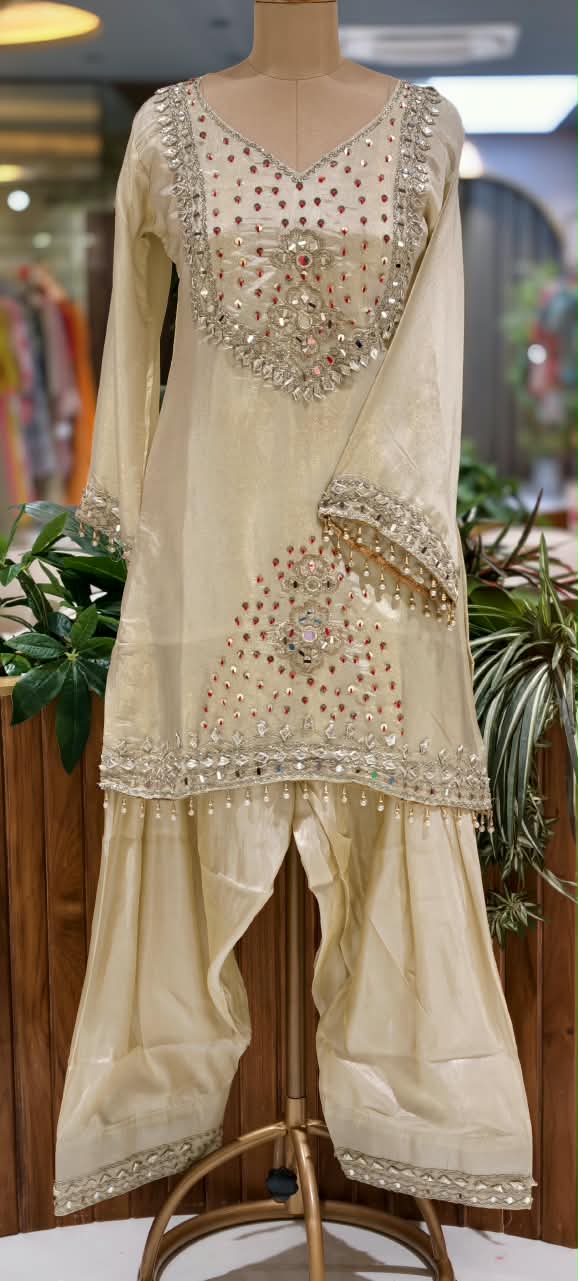 Heavy Foil Sequin Embellishment Short Length Kurta With Farsi Bottom & Seperate Potli In Silk Fabric- 16105