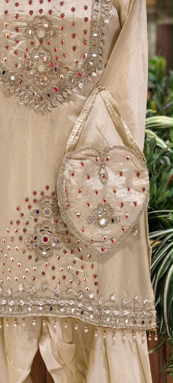 Heavy Foil Sequin Embellishment Short Length Kurta With Farsi Bottom & Seperate Potli In Silk Fabric- 16105