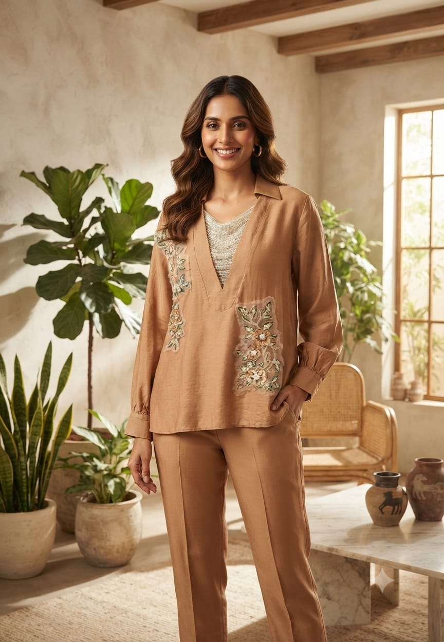 Elegant Floral Embroidery Patched Shimmer Jewel Imported Western Only Top- 16164