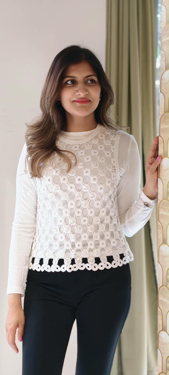 White Cream Crochet Vest Top Layered Over a Long-Sleeve Cream Base Top- 16177