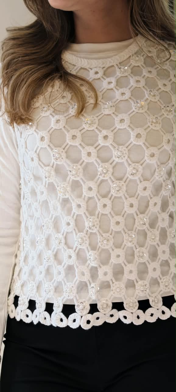 White Cream Crochet Vest Top Layered Over a Long-Sleeve Cream Base Top- 16177