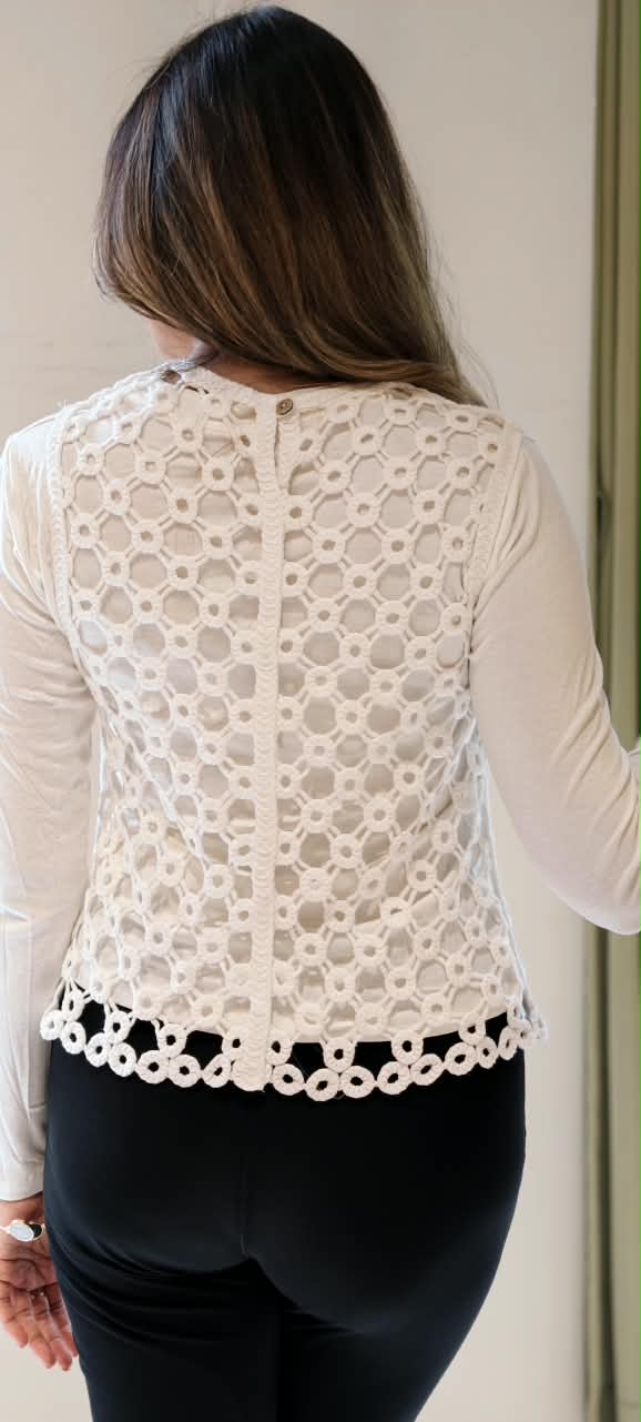 White Cream Crochet Vest Top Layered Over a Long-Sleeve Cream Base Top- 16177