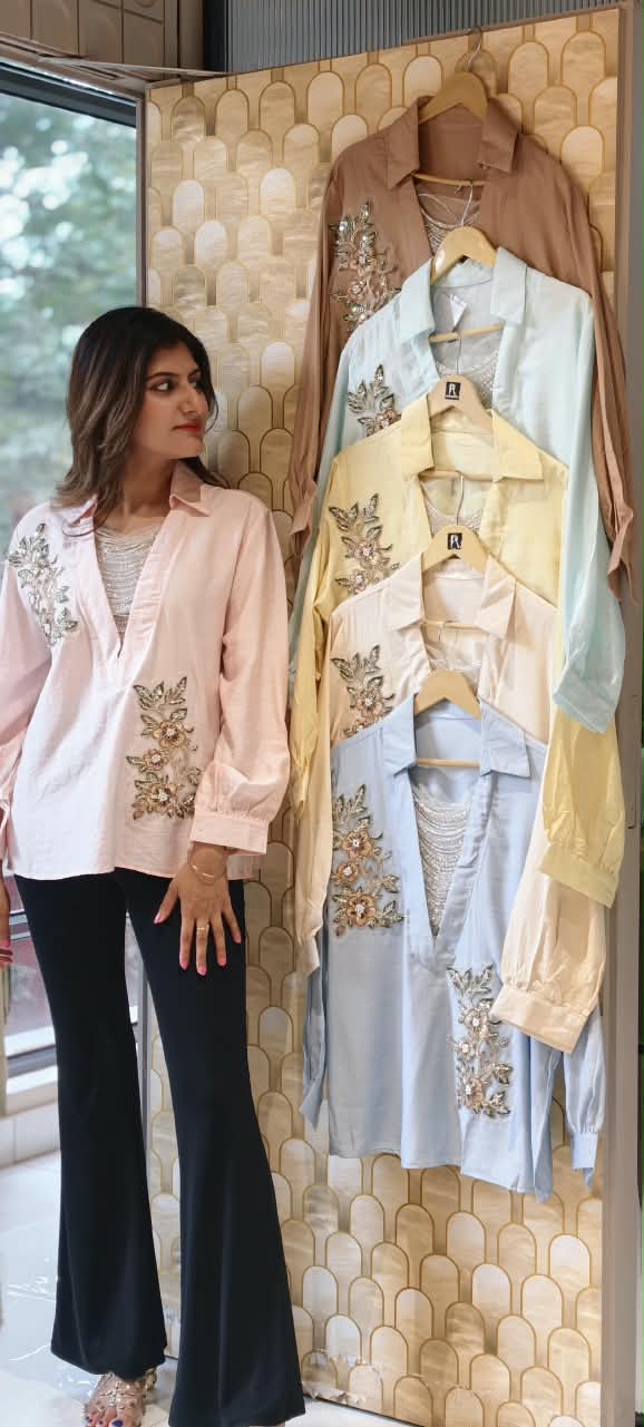 Elegant Floral Embroidery Patched Shimmer Jewel Imported Western Only Top- 16164