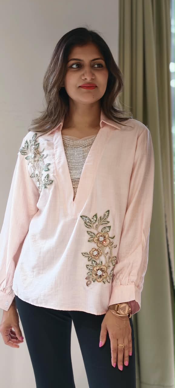 Elegant Floral Embroidery Patched Shimmer Jewel Imported Western Only Top- 16164